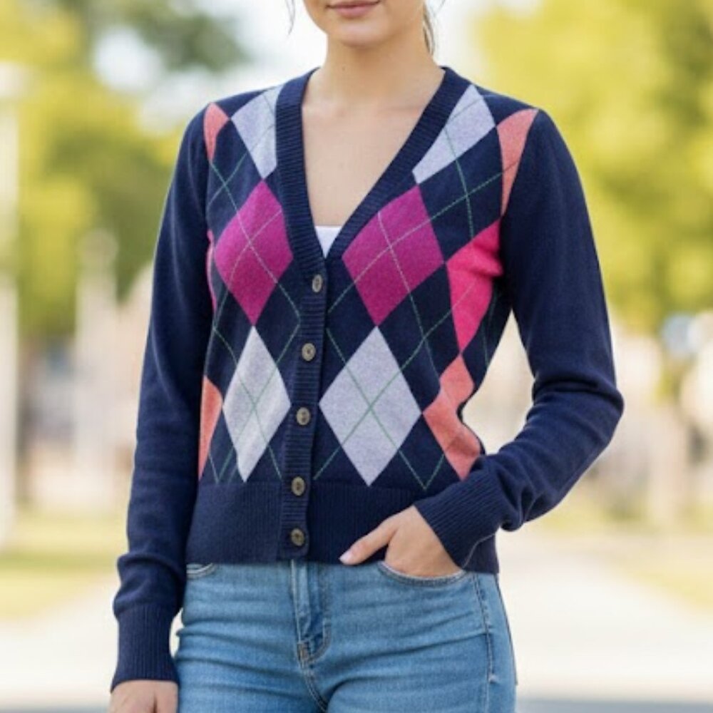 Old Navy Argyle V-Neck Button-Up Cardigan Long Sleeve Size Small